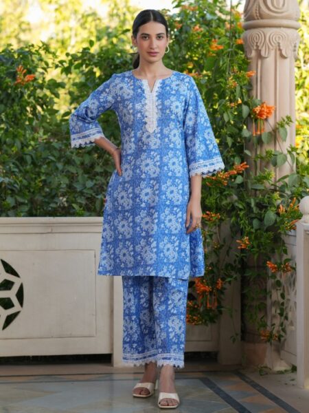 Blue Pure Cotton Floral Printed Co-ord Set